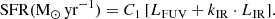 $$ \begin{aligned} \mathrm{SFR}(\mathrm{M_{\odot }}\,\mathrm{yr}^{-1}) = C_{1}\,[L_{\rm FUV} + k_{\rm IR}\cdot L_{\rm IR}]. \end{aligned} $$