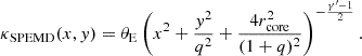 $$ \begin{aligned} \kappa _{\rm SPEMD}(x,{ y}) = \theta _{\rm E} \left(x^2+\frac{{ y}^2}{q^2} + \frac{4r^2_{\rm core}}{(1+q)^2}\right)^{-\frac{\gamma ^{\prime }-1}{2}}. \end{aligned} $$