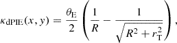 $$ \begin{aligned} \kappa _{\rm dPIE}(x,{ y}) = \frac{\theta _{\rm E}}{2} \left(\frac{1}{R}-\frac{1}{\sqrt{R^2+r_{\rm T}^2}}\right), \end{aligned} $$
