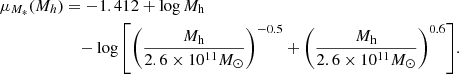 $$ \begin{aligned} \mu _{M_{*}}(M_h)&= -1.412 + \log {M_{\rm h}} \nonumber \\ &\quad - \log {\left[\left(\frac{M_{\rm h}}{2.6 \times 10^{11} M_{\odot }}\right)^{-0.5} + \left(\frac{M_{\rm h}}{2.6 \times 10^{11} M_{\odot }}\right)^{0.6}\right]}. \end{aligned} $$