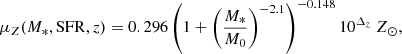 $$ \begin{aligned} \mu _{Z} (M_*, \mathrm{SFR}, z) = 0.296 \left( 1+ \left( \frac{M_{*}}{M_0}\right)^{-2.1} \right)^{-0.148} 10^{\Delta _z} \ Z_{\odot }, \end{aligned} $$