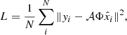 $$ \begin{aligned} L = \frac{1}{N}\sum _i^N\Vert {{ y}_i - \mathcal{A} \Phi \hat{x}_i}\Vert ^2, \end{aligned} $$