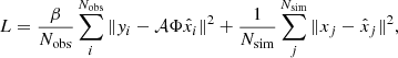 $$ \begin{aligned} L = \frac{\beta }{N_{\rm obs}}\sum ^{N_{\rm obs}}_i\Vert {{ y}_i - \mathcal{A} \Phi \hat{x}_i}\Vert ^2 + \frac{1}{N_{\rm sim}}\sum ^{N_{\rm sim}}_j\Vert {x_j - \hat{x}_j}\Vert ^2, \end{aligned} $$