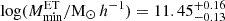 $ \log(M_{{\rm{min}}}^{{\rm{ET}}}/{\mathrm{M}_\odot}\, h^{-1}) = 11.45^{+0.16}_{-0.13} $