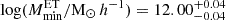 $ \log(M_{{\rm{min}}}^{{\rm{ET}}}/{\mathrm{M}_\odot}\, h^{-1}) = 12.00^{+0.04}_{-0.04} $