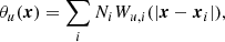 $$ \begin{aligned} \theta _u(\boldsymbol{x}) = \displaystyle \sum _i N_i W_{u,i}(|\boldsymbol{x} - \boldsymbol{x}_i|) , \end{aligned} $$