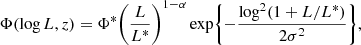 $$ \begin{aligned} \Phi (\log L,z) = \Phi ^* \Biggl (\dfrac{L}{L^*}\Biggr )^{1-\alpha } \exp \Biggl \{-\dfrac{\log ^2(1+L/L^*)}{2\sigma ^2}\Biggr \} , \end{aligned} $$