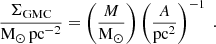 $$ \begin{aligned} \frac{\Sigma _{\rm GMC}}{\mathrm{M}_\odot \,\mathrm{pc}^{-2}} = \left( \frac{M}{\mathrm{M_\odot }} \right) \left( \frac{A}{\mathrm{pc} ^{2}} \right)^{-1}~. \end{aligned} $$