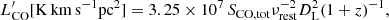 $$ \begin{aligned} L^\prime _{\rm CO} [\mathrm{K\,km\,s^{-1} pc^{2}}]= 3.25 \times 10^7\, S_{\rm CO,tot} \nu _{\rm rest}^{-2} D_{\rm L }^{2} (1+z)^{-1}, \end{aligned} $$