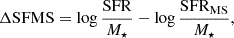 $$ \begin{aligned} \Delta {\rm{SFMS}} = \log \frac{{{\rm{SFR}}}}{{{M_ \star }}} - \log \frac{{{\rm{SF}}{{\rm{R}}_{{\rm{MS}}}}}}{{{M_ \star }}}, \end{aligned} $$