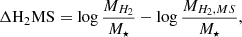 $$ \begin{aligned} \Delta {{\rm{H}}_{\rm{2}}}{\rm{MS}} = \log \frac{{{M_{{H_2}}}}}{{{M_ \star }}} - \log \frac{{{M_{{H_2},MS}}}}{{{M_ \star }}}, \end{aligned} $$