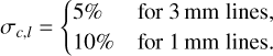 ${\sigma _{c,l}} = \{ \matrix{ {5\% } \hfill & {{\rm{for}}3{\rm{mmlines}},} \hfill \cr {10\% } \hfill & {{\rm{for}}1{\rm{mmlines}}{\rm{.}}} \hfill \cr } $