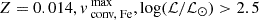 $ Z=0.014, v_{\text{ conv, Fe}}^{\text{ max}}, \log (\mathcal{L}/\mathcal{L}_{\odot}) > 2.5 $
