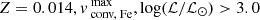 $ Z=0.014, v_{\text{ conv, Fe}}^{\text{ max}}, \log (\mathcal{L}/\mathcal{L}_{\odot}) > 3.0 $