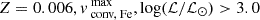 $ Z=0.006, v_{\text{ conv, Fe}}^{\text{ max}}, \log (\mathcal{L}/\mathcal{L}_{\odot}) > 3.0 $