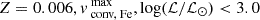 $ Z=0.006, v_{\text{ conv, Fe}}^{\text{ max}}, \log (\mathcal{L}/\mathcal{L}_{\odot}) < 3.0 $