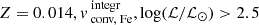 $ Z=0.014, v_{\text{ conv, Fe}}^{\text{ integr}}, \log (\mathcal{L}/\mathcal{L}_{\odot}) > 2.5 $