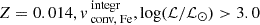 $ Z=0.014, v_{\text{ conv, Fe}}^{\text{ integr}}, \log (\mathcal{L}/\mathcal{L}_{\odot}) > 3.0 $