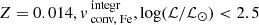 $ Z=0.014, v_{\text{ conv, Fe}}^{\text{ integr}}, \log (\mathcal{L}/\mathcal{L}_{\odot}) < 2.5 $