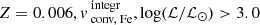 $ Z=0.006, v_{\text{ conv, Fe}}^{\text{ integr}}, \log (\mathcal{L}/\mathcal{L}_{\odot}) > 3.0 $