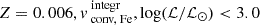 $ Z=0.006, v_{\text{ conv, Fe}}^{\text{ integr}}, \log (\mathcal{L}/\mathcal{L}_{\odot}) < 3.0 $