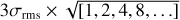 $3{\sigma _{{\rm{rms}}}} \times \sqrt {[1,2,4,8, \ldots ]} $
