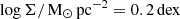 $ \log\Sigma/\,\mathrm{M}_{\odot}\,\mathrm{pc}^{-2} = 0.2\,\mathrm{dex} $