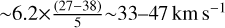 $\~6.2 \times {{(27 - 38)} \over 5}\~33 - 47{\rm{km}}{{\rm{s}}^{ - 1}}$