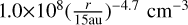 ${1.0 \times {{10}^8}{{\left( {{r \over {15{\rm{uat}}}}} \right)}^{ - 4.7}}{\rm{c}}{{\rm{m}}^{ - 3}}}$