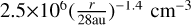 ${2.5 \times {{10}^6}{{\left( {{r \over {28{\rm{au}}}}} \right)}^{ - 1.4}}{\rm{c}}{{\rm{m}}^{ - 3}}}$