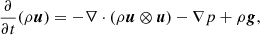 $$ \begin{aligned} \frac{\partial }{\partial t} (\rho {\boldsymbol{u}})&= -\nabla \cdot (\rho {\boldsymbol{u}} \otimes {\boldsymbol{u}}) - \nabla p + \rho {\boldsymbol{g}}, \end{aligned} $$
