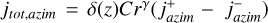 ${j_{tot,azim}} = \delta (z)C{r^\gamma }\left( {j_{azim}^ + - j_{azim}^ - } \right)$