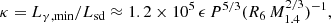 $$ \begin{aligned} \kappa =L_{\gamma ,\mathrm{min}}/L_{\mathrm{sd}}\approx 1.2\times 10^5 \,\epsilon \,P^{5/3} (R_6\, M_{1.4}^{2/3})^{-1}, \end{aligned} $$