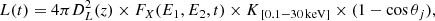 $$ \begin{aligned} L(t) = 4\pi D_L^2(z)\times F_X(E_1, E_2, t)\times K_{\,[0.1-30 \,\mathrm{keV}]} \times (1-\cos \theta _j), \end{aligned} $$
