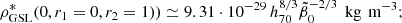 $$ \begin{aligned} \rho _{\rm GSL}^*(0,r_1 = 0,r_2 = 1))\simeq 9.31\cdot 10^{-29}\,h_{70}^{8/3}\tilde{\beta }_0 ^{-2/3}\,\text{ kg}\,\text{ m}^{-3}; \end{aligned} $$