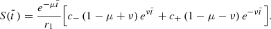 $$ \begin{aligned} S(\tilde{t}\,)={e^{-\mu \tilde{t}\,}\over r_1}\Bigl [c_-\left(1-\mu +\nu \right)e^{\nu \tilde{t}\,} +c_+\left(1-\mu -\nu \right)e^{-\nu \tilde{t}\,}\Bigr ]. \end{aligned} $$