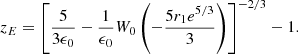 $$ \begin{aligned} z_E =\left[\frac{5}{3\epsilon _0} - \frac{1}{\epsilon _0}W_0\left(-\frac{5r_1e^{5/3}}{3}\right)\right]^{-2/3} - 1. \end{aligned} $$