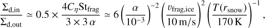 ${{{\Sigma _{{\rm{din}}}}} \over {{\Sigma _{{\rm{d}},{\rm{out}}}}}} \simeq 0.5 \times {{4{C_\eta }{\rm{S}}{{\rm{t}}_{{\rm{frag}}}}} \over {3 \times 3\alpha }} \simeq 6{\left( {{\alpha \over {{{10}^{ - 3}}}}} \right)^{ - 2}}{\left( {{{{v_{{\rm{frag,ice}}}}} \over {10{\rm{m}}/{\rm{s}}}}} \right)^2}{\left( {{{T({r_{{\rm{snow}}}}} \over {170{\rm{K}}}}} \right)^{ - 1}},$