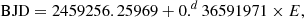$$ \begin{aligned} \mathrm{BJD} = 2459256.25969+0.^d36591971\times E, \end{aligned} $$