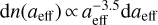 $\[\mathrm{d} n(a_{\text {eff }}) \propto a_{\text {eff }}^{-3.5} \mathrm{~d} a_{\text {eff }}\]$