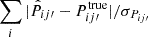 $ \sum_i |\hat{P}_{ij\prime} - P^{\mathrm{true}}_{ij\prime} | / \sigma_{P_{ij\prime}} $