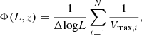 $$ \begin{aligned} \Phi (L,z) = \frac{1}{\Delta \mathrm{log}L} \sum _{i = 1}^{N} \frac{1}{V_{\mathrm{max},i}} , \end{aligned} $$