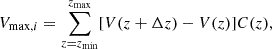 $$ \begin{aligned} V_{\mathrm{max},i} = \sum _{z=z_{\rm min}}^{z_{\rm max}} [V(z + \Delta z) - V(z)] C(z), \end{aligned} $$