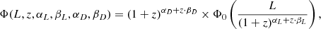 $$ \begin{aligned} \Phi (L,z, \alpha _L, \beta _L, \alpha _D, \beta _D) = (1+z)^{\alpha _D+z\cdot \beta _D}\times \Phi _{0} \left(\frac{L}{(1+z)^{\alpha _L+z\cdot \beta _L}}\right), \end{aligned} $$