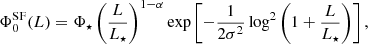 $$ \begin{aligned} \Phi _0^{\mathrm{SF}}(L) = \Phi _\star \left(\frac{L}{L_\star }\right)^{1-\alpha } \exp \left[-\frac{1}{2\sigma ^2}\log ^2\left(1+\frac{L}{L_\star }\right)\right], \end{aligned} $$