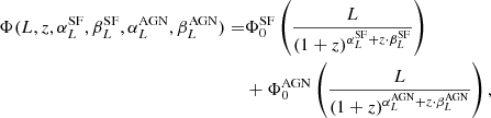 $$ \begin{aligned} \Phi (L,z,\alpha _{L}^{\mathrm{SF}}, \beta _{L}^{\mathrm{SF}}, \alpha _{L}^{\mathrm{AGN}}, \beta _{L}^{\mathrm{AGN}}) =&\Phi _{0}^{\mathrm{SF}} \left(\frac{L}{(1+z)^{\alpha _{L}^{\mathrm{SF}}+z\cdot \beta _{L}^{\mathrm{SF}}}}\right)\nonumber \\&+ \Phi _{0}^{\mathrm{AGN}} \left(\frac{L}{(1+z)^{\alpha _{L}^{\mathrm{AGN}}+z\cdot \beta _{L}^{\mathrm{AGN}}}}\right), \end{aligned} $$