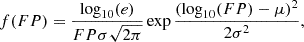 $$ \begin{aligned} f(FP) = \frac{\log _{10}(e)}{FP \sigma \sqrt{2\pi }} \exp {\frac{(\log _{10}(FP) - \mu )^2}{2\sigma ^2}}, \end{aligned} $$