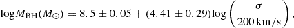 $$ \begin{aligned} \mathrm{log} M_{\rm BH}(M_{\odot }) = 8.5 \pm 0.05 + (4.41 \pm 0.29) \mathrm{log} \left(\frac{\sigma }{\mathrm{200\,km/s }}\right), \end{aligned} $$