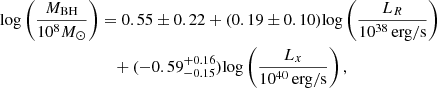 $$ \begin{aligned} \mathrm{log} \left(\frac{M_{\mathrm{BH} }}{10^{8}M_{\odot }}\right)&= 0.55 \pm 0.22 + (0.19 \pm 0.10) \mathrm{log} \left(\frac{L_{R}}{10^{38}\,\mathrm{erg/s} }\right)\nonumber \\&\quad + (-0.59^{+0.16}_{-0.15}) \mathrm{log} \left(\frac{L_{x}}{10^{40}\,\mathrm{erg/s} }\right), \end{aligned} $$