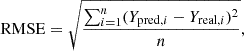 $$ \begin{aligned} \mathrm{RMSE} = \sqrt{\frac{\sum ^{n}_{i = 1}(Y_{\mathrm{pred},i} - Y_{\mathrm{real},i})^{2}}{n}} ,\end{aligned} $$